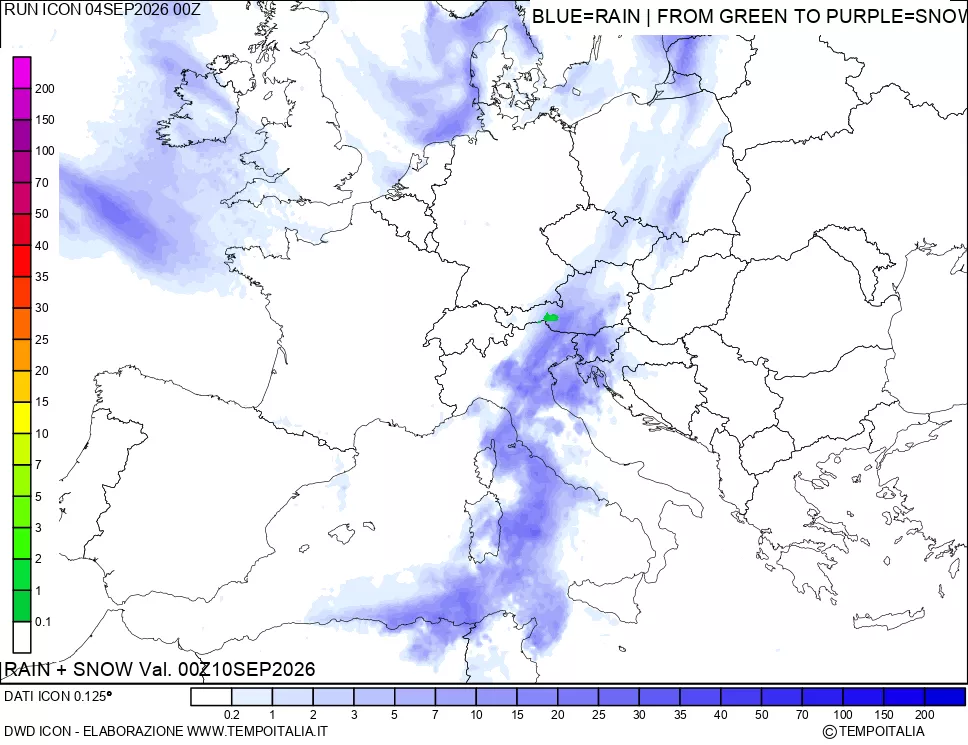 mappa Precipitazioni totali e nevose 24 ore precedenti