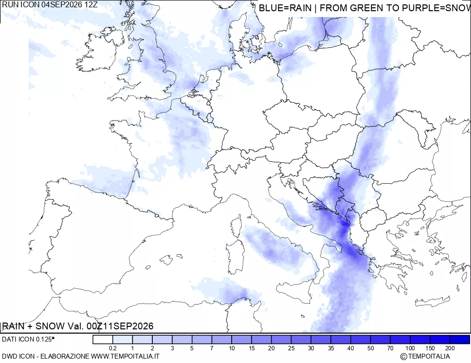 mappa Precipitazioni totali e nevose 24 ore precedenti