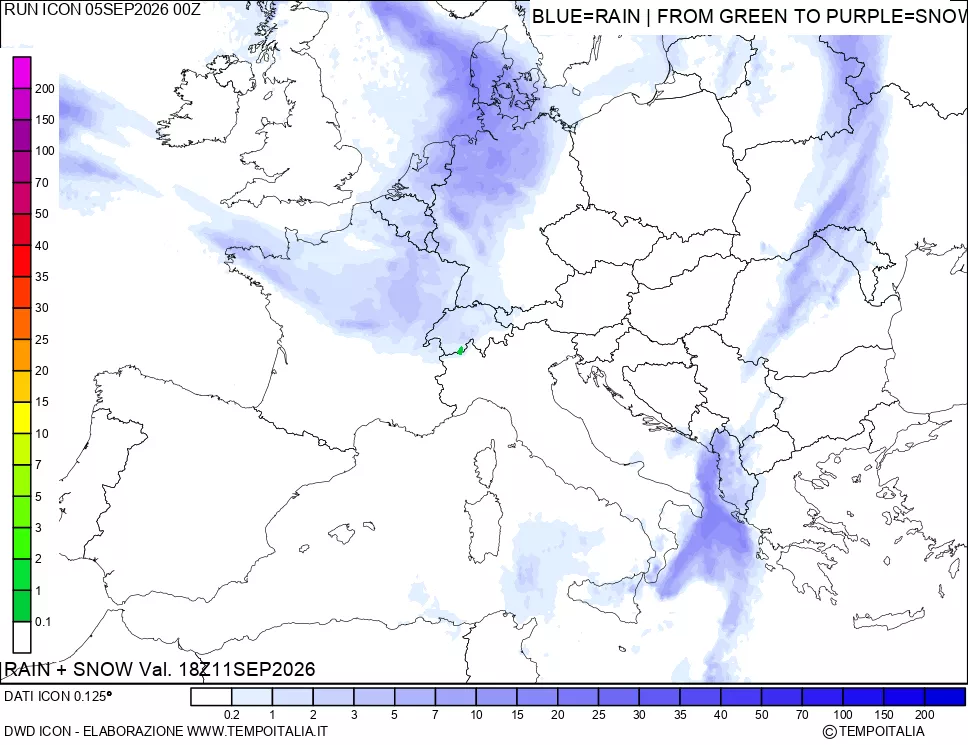 mappa Precipitazioni totali e nevose 24 ore precedenti