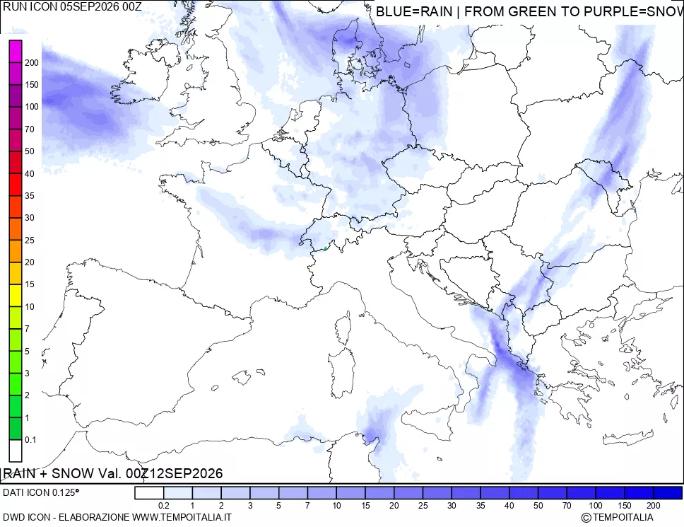 mappa Precipitazioni totali e nevose 24 ore precedenti