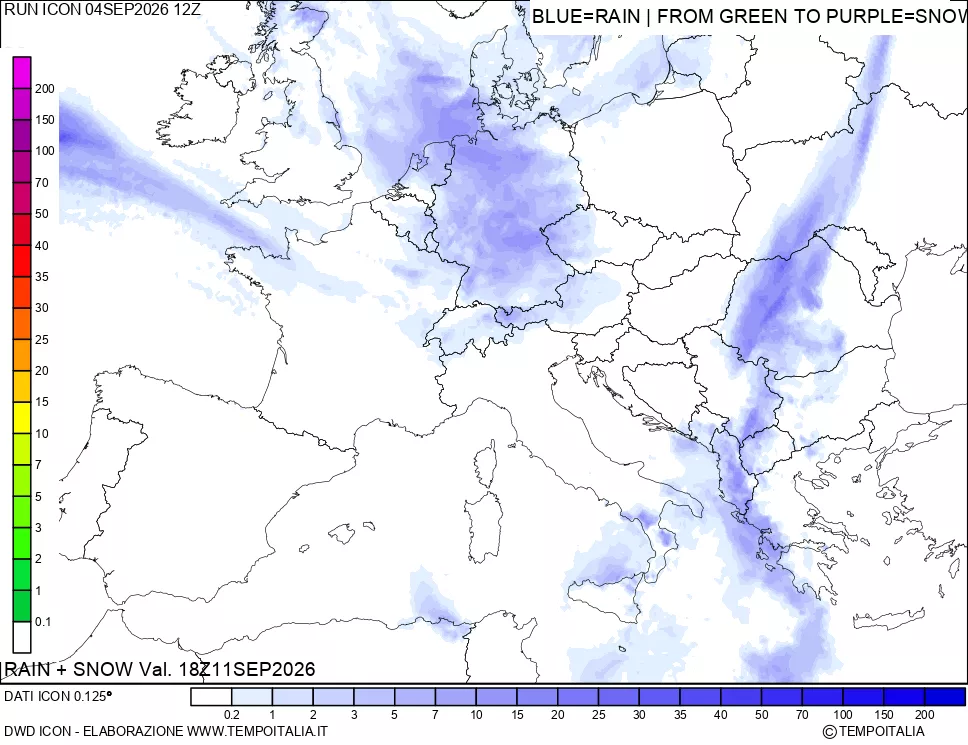 mappa Precipitazioni totali e nevose 24 ore precedenti