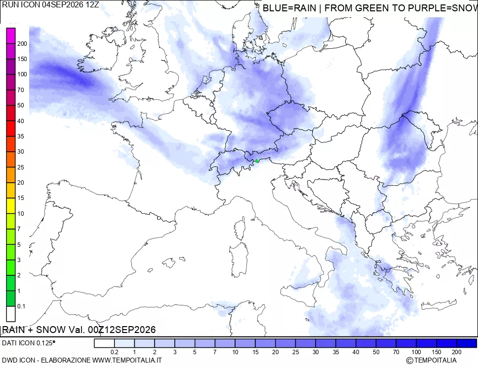 mappa Precipitazioni totali e nevose 24 ore precedenti