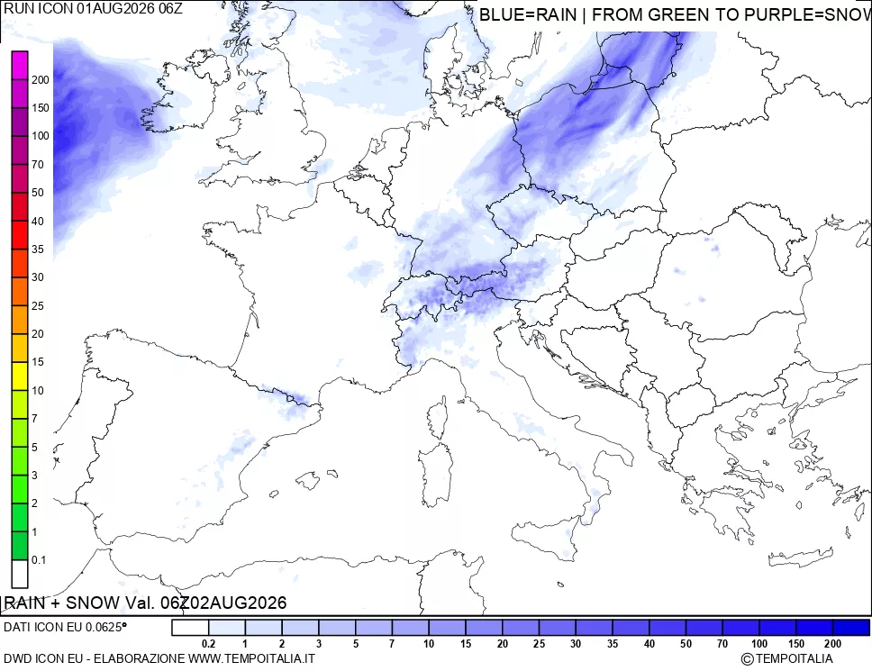 mappa Precipitazioni totali e nevose 24 ore precedenti