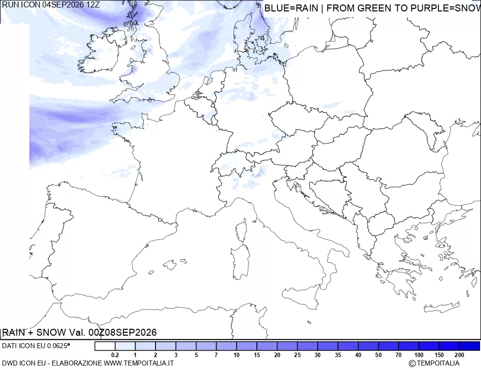 mappa Precipitazioni totali e nevose 24 ore precedenti
