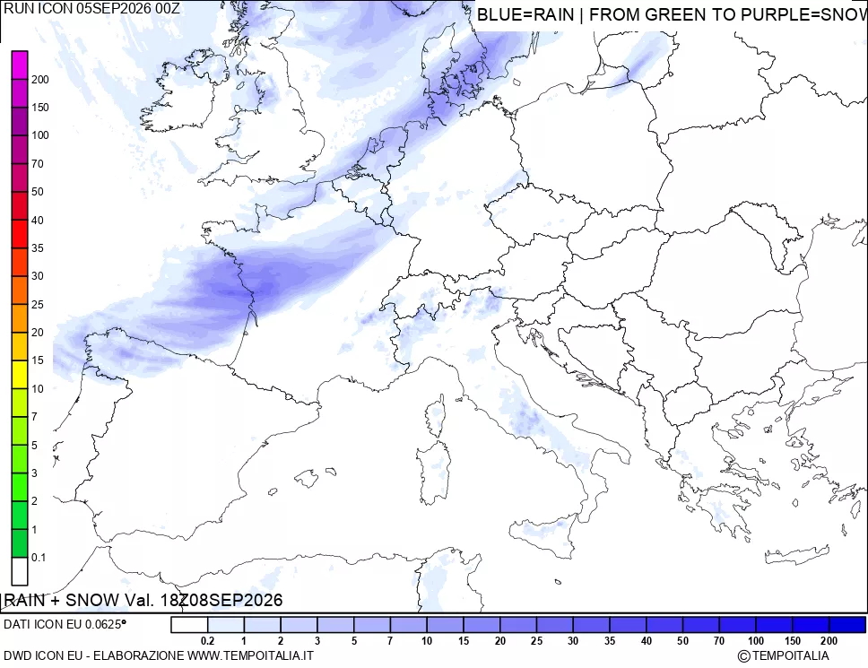 mappa Precipitazioni totali e nevose 24 ore precedenti