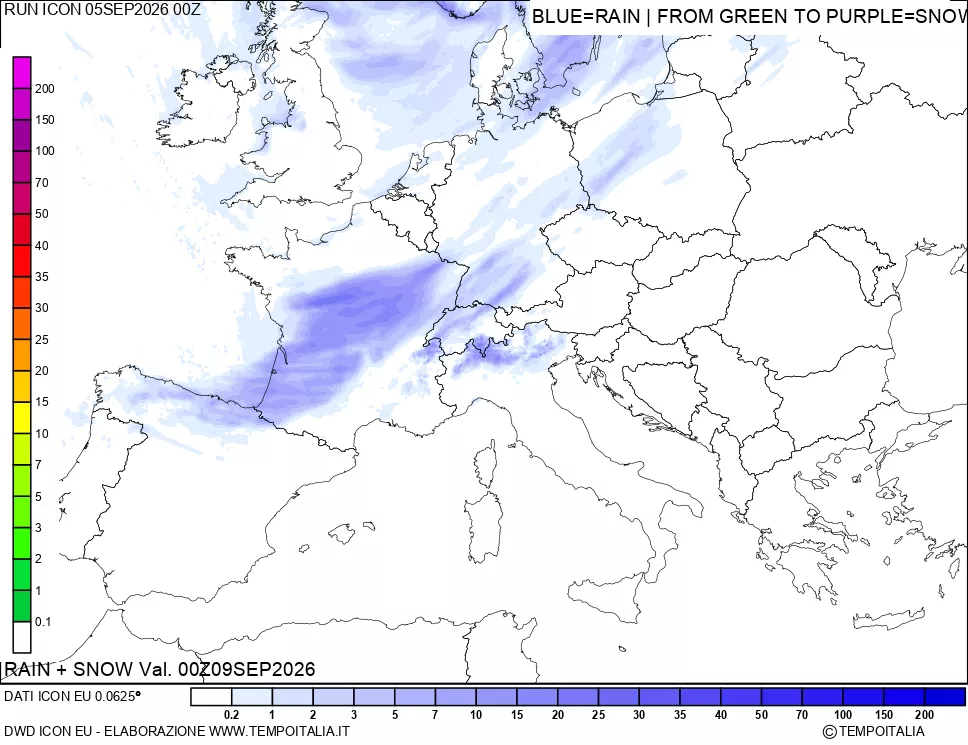 mappa Precipitazioni totali e nevose 24 ore precedenti