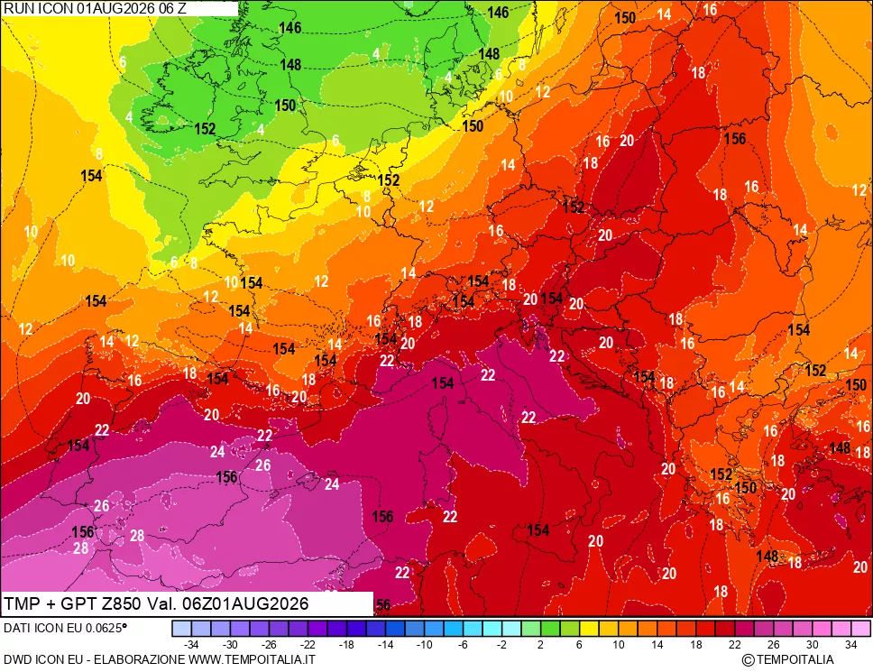 mappa 850 hPa Temp
