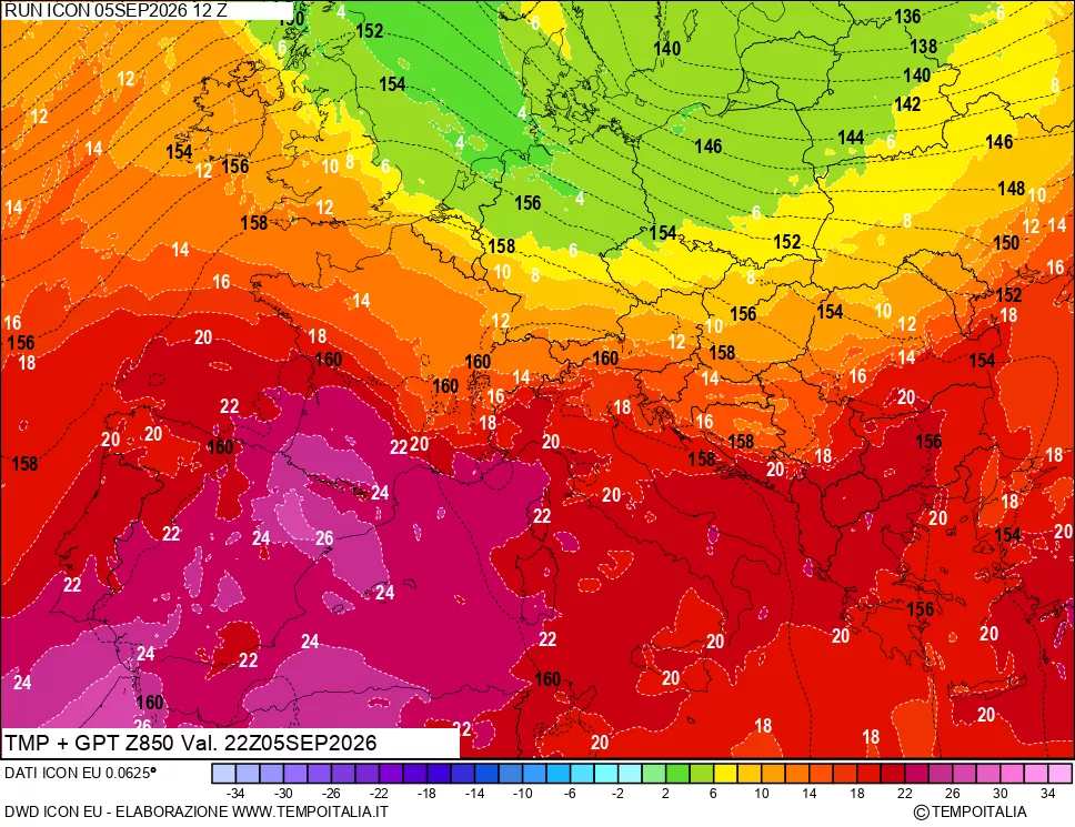 mappa 850 hPa Temp