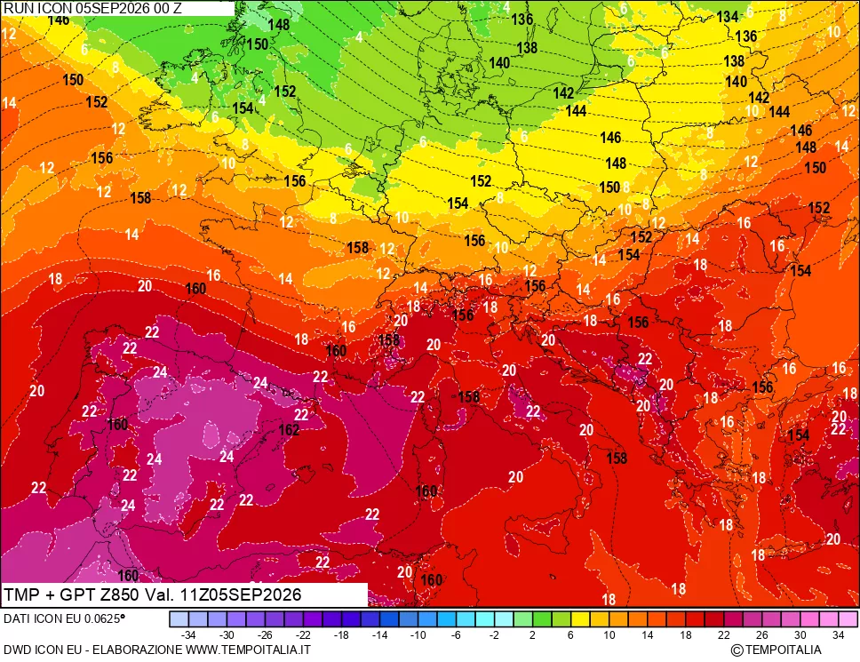 mappa 850 hPa Temp
