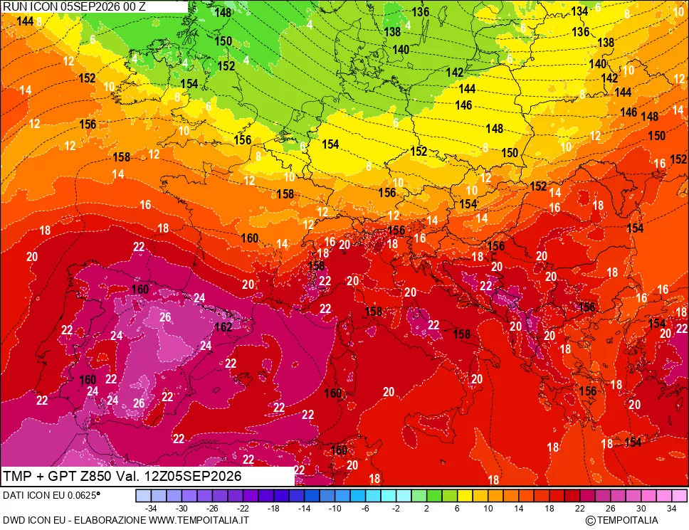 mappa 850 hPa Temp