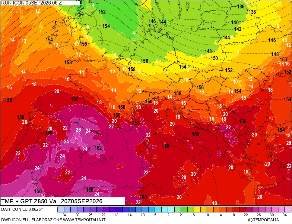 mappa 850 hPa Temp