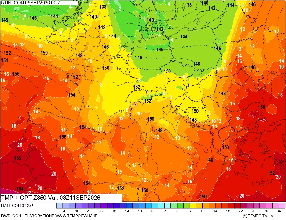mappa 850 hPa Temp