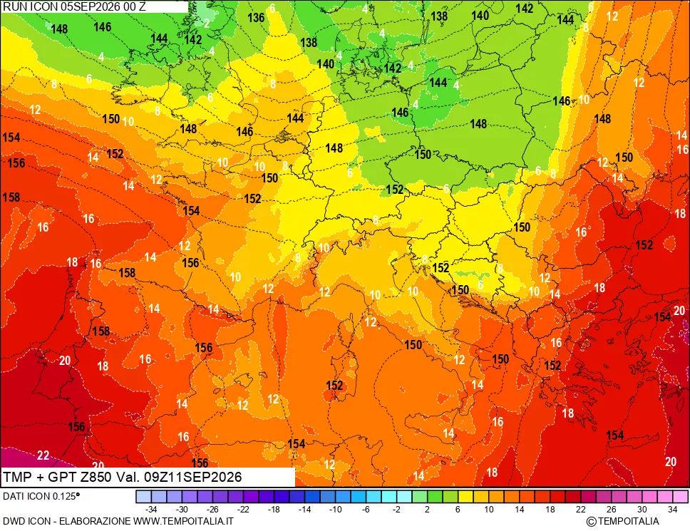 mappa 850 hPa Temp