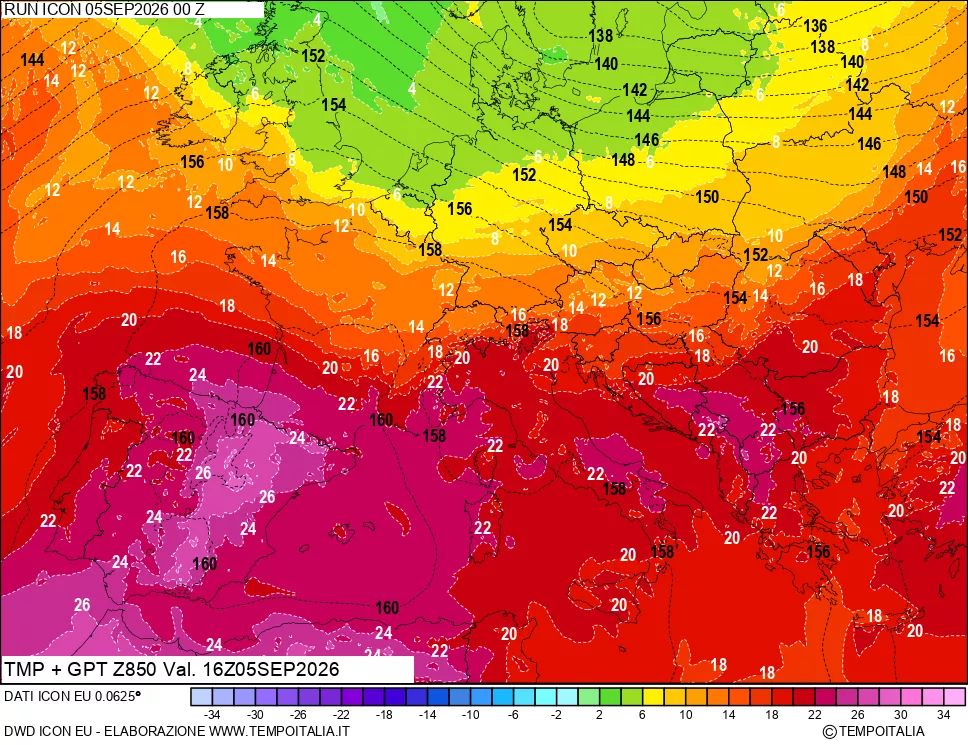 mappa 850 hPa Temp