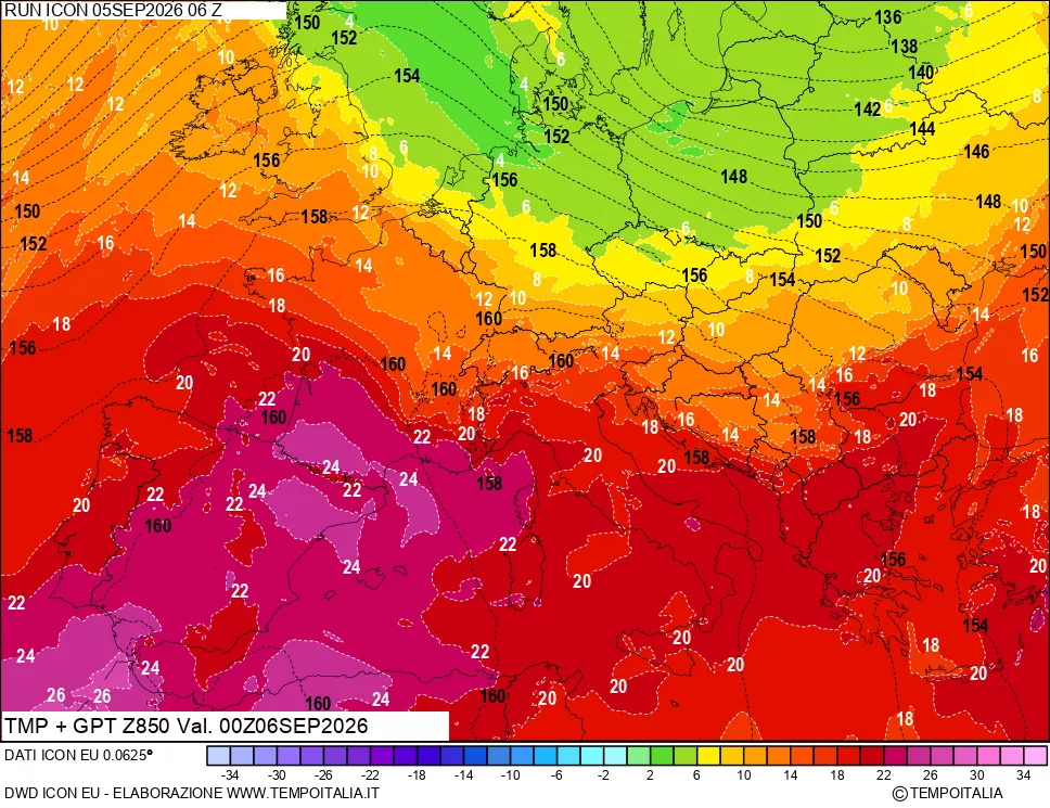 mappa 850 hPa Temp