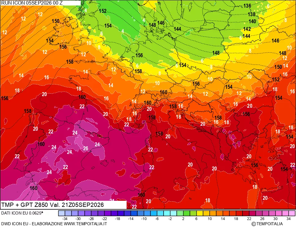 mappa 850 hPa Temp