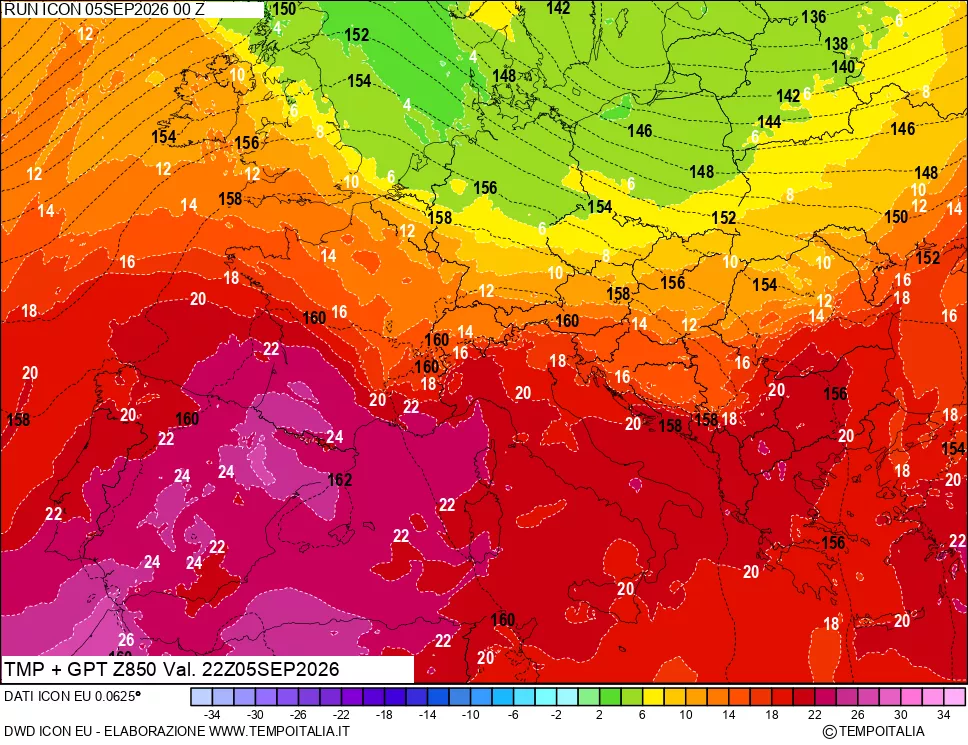 mappa 850 hPa Temp