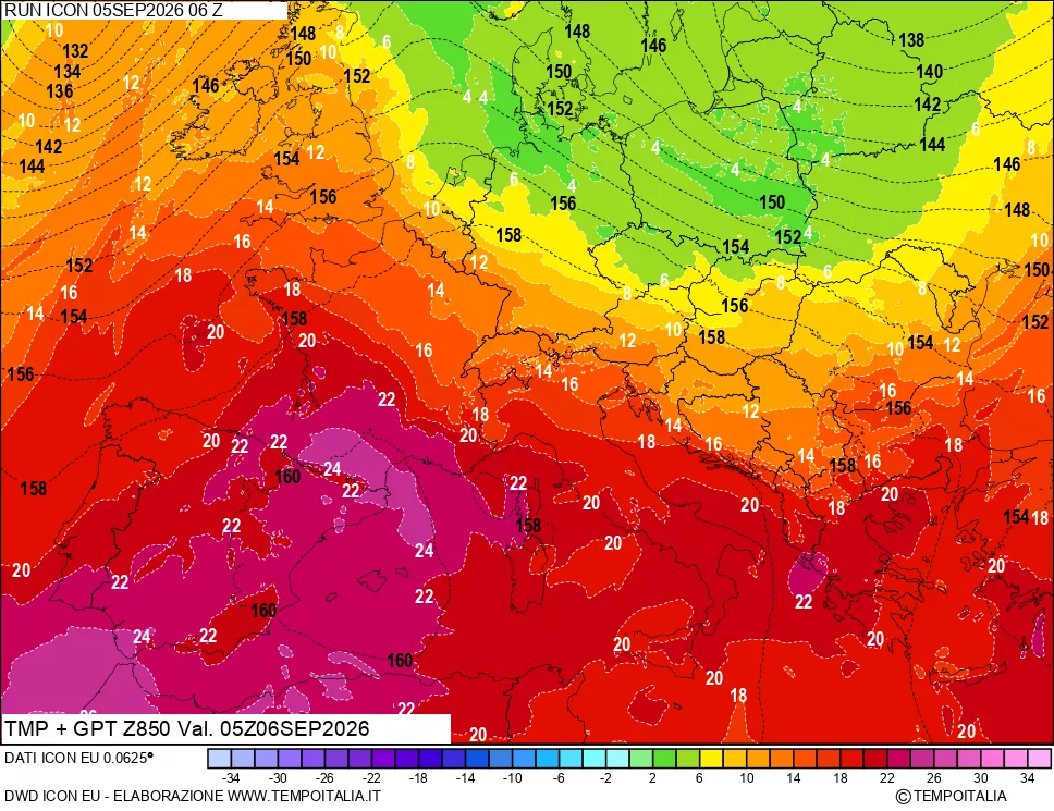 mappa 850 hPa Temp