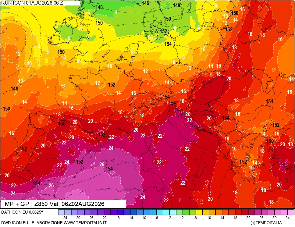 mappa 850 hPa Temp