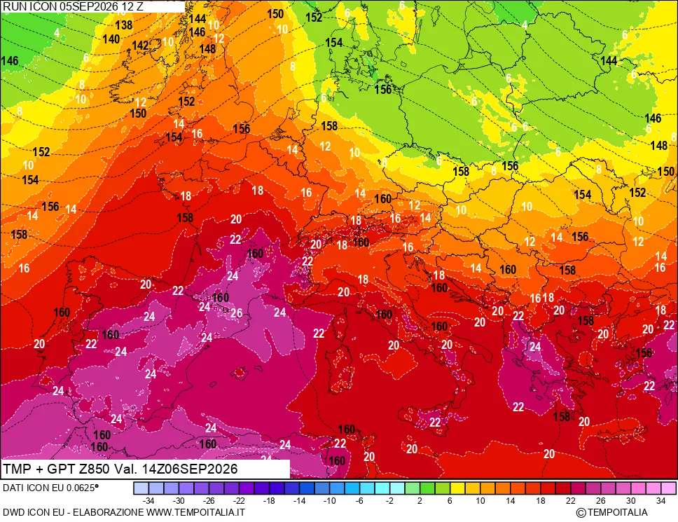 mappa 850 hPa Temp