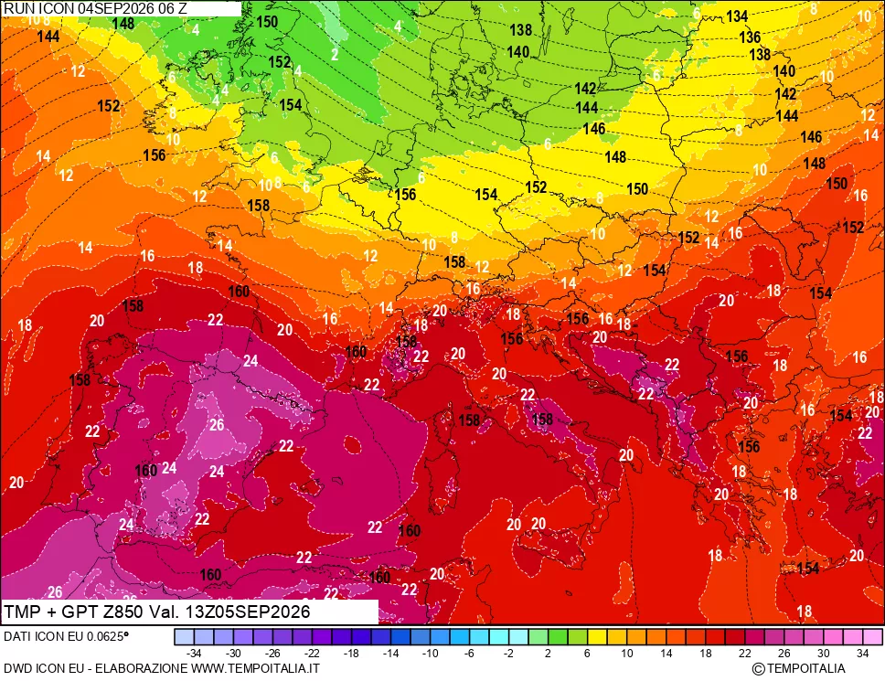 mappa 850 hPa Temp