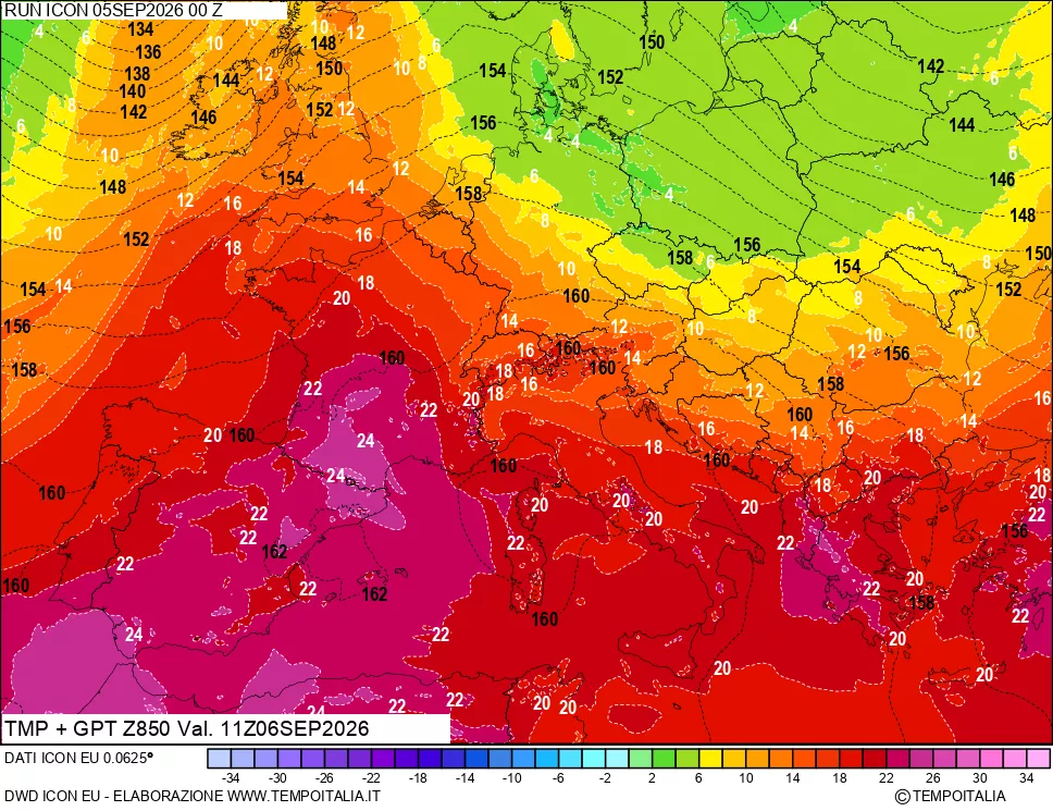mappa 850 hPa Temp
