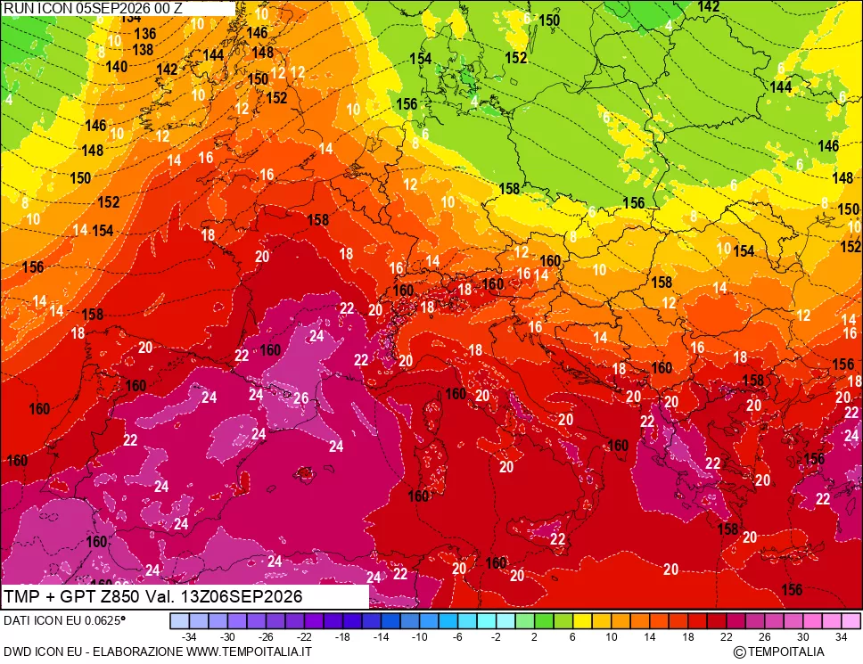 mappa 850 hPa Temp