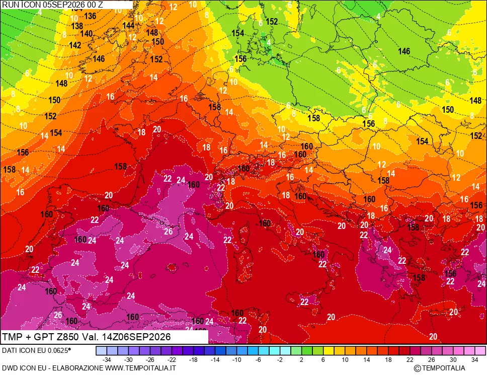 mappa 850 hPa Temp