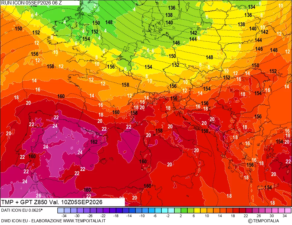 mappa 850 hPa Temp