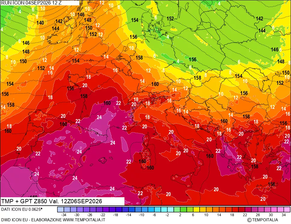 mappa 850 hPa Temp