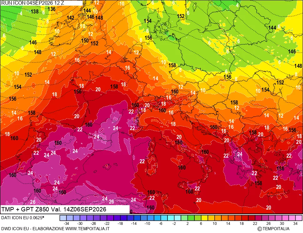 mappa 850 hPa Temp