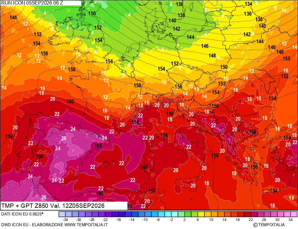 mappa 850 hPa Temp
