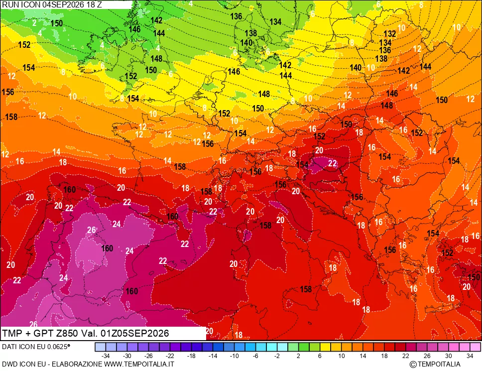 mappa 850 hPa Temp