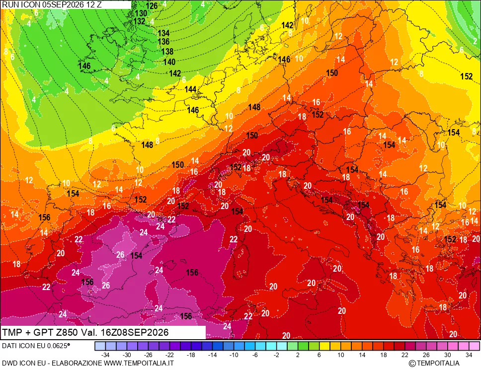 mappa 850 hPa Temp