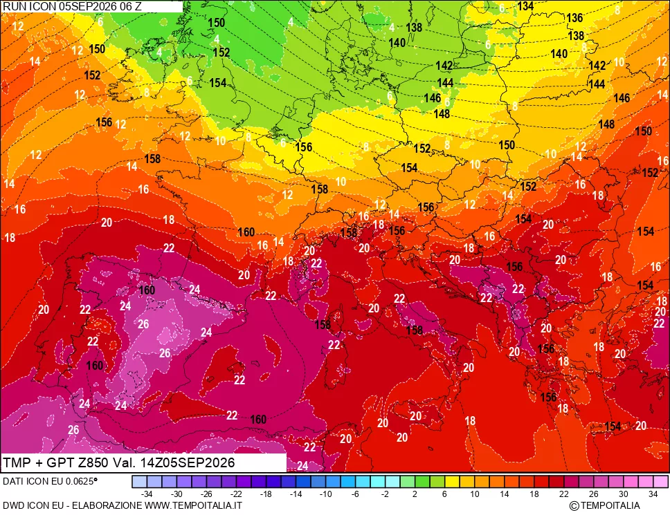 mappa 850 hPa Temp