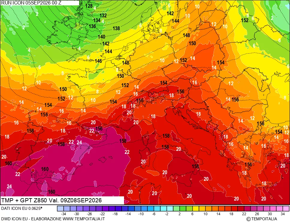 mappa 850 hPa Temp