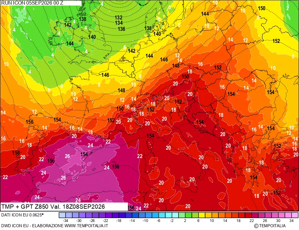 mappa 850 hPa Temp