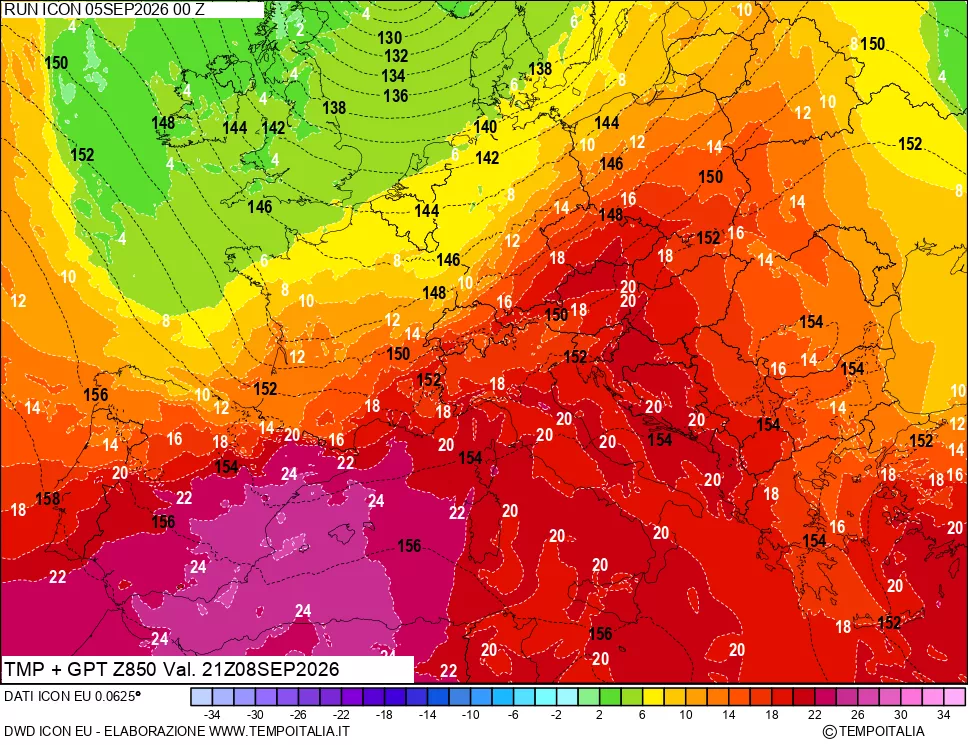 mappa 850 hPa Temp