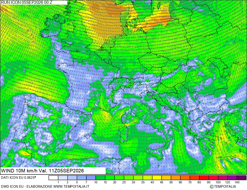 mappa 10 m Vento forza e direzione