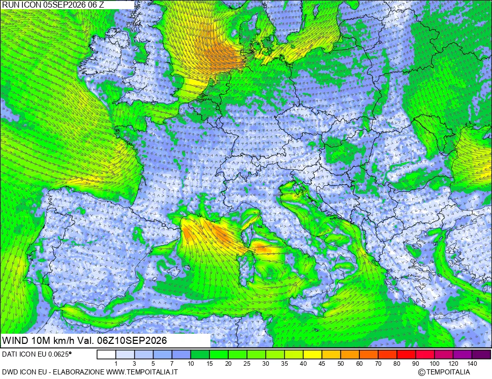 mappa 10 m Vento forza e direzione