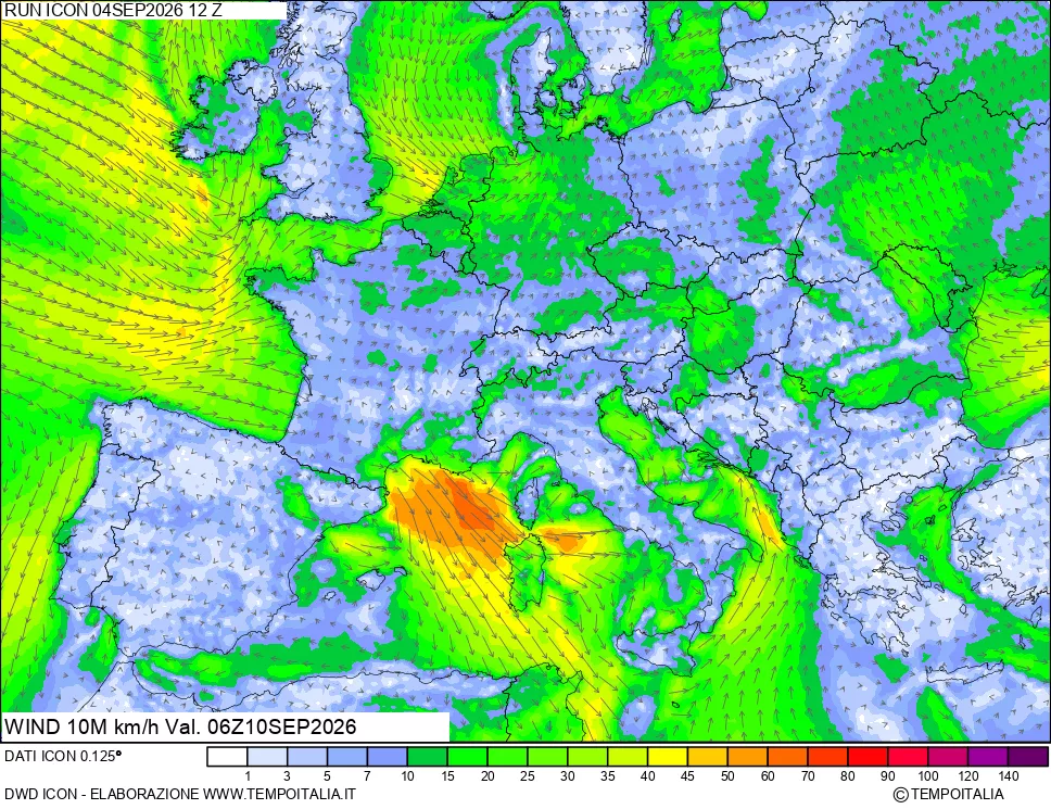 mappa 10 m Vento forza e direzione