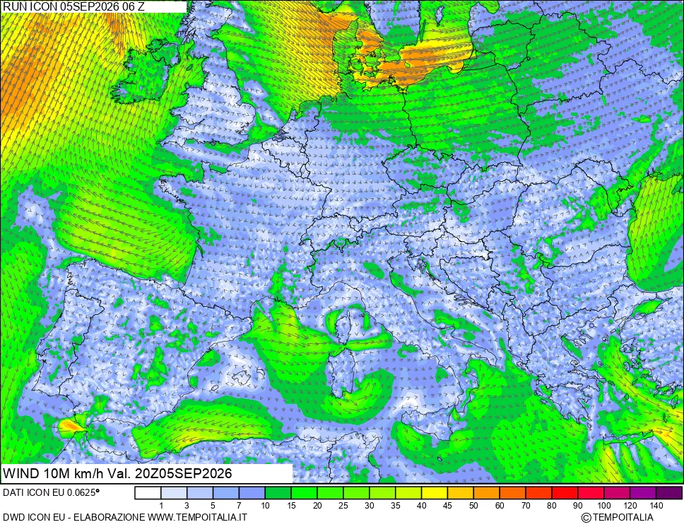mappa 10 m Vento forza e direzione