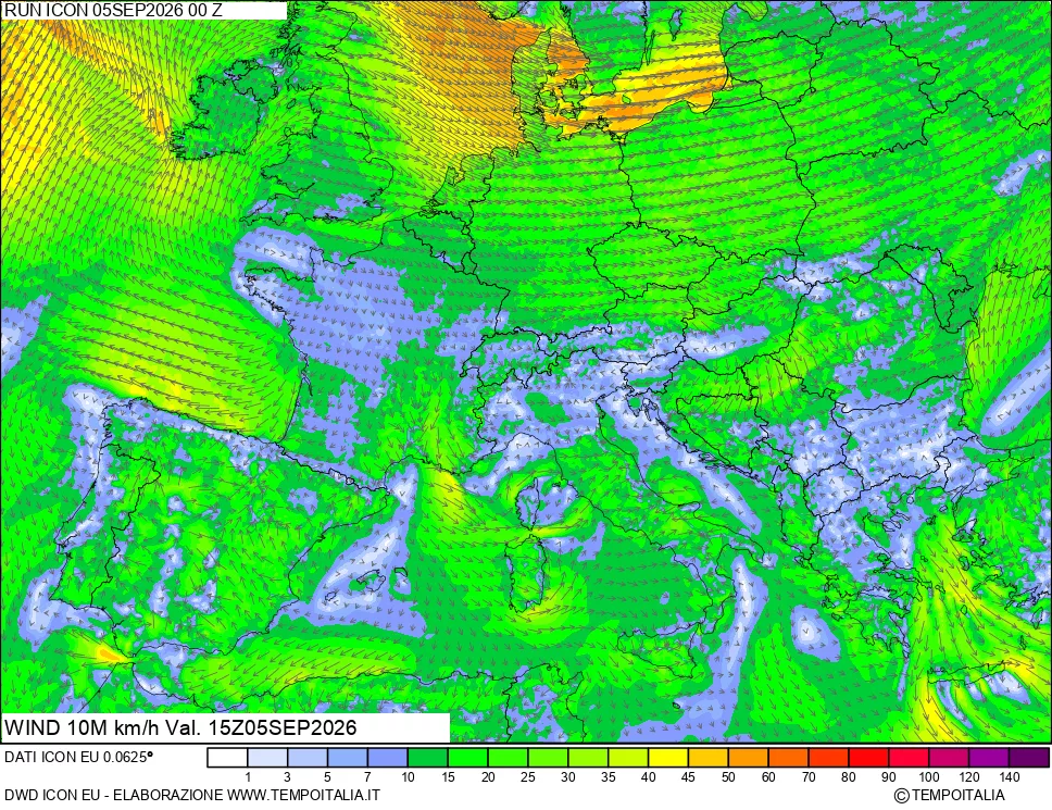 mappa 10 m Vento forza e direzione