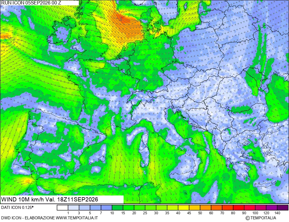 mappa 10 m Vento forza e direzione