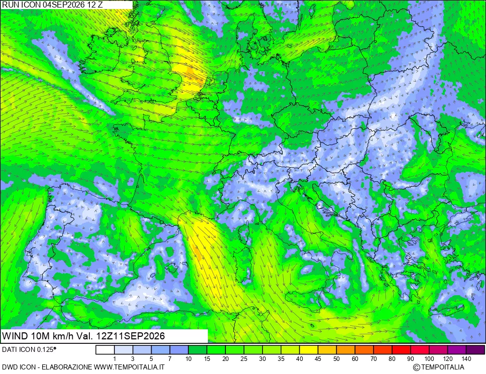 mappa 10 m Vento forza e direzione