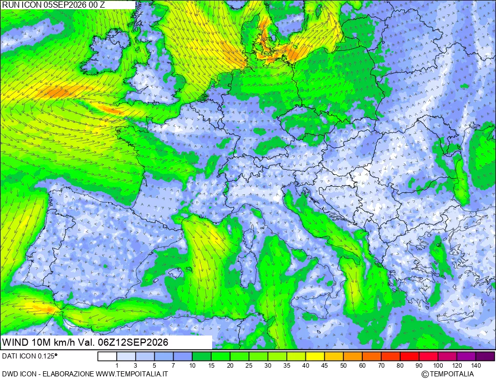 mappa 10 m Vento forza e direzione