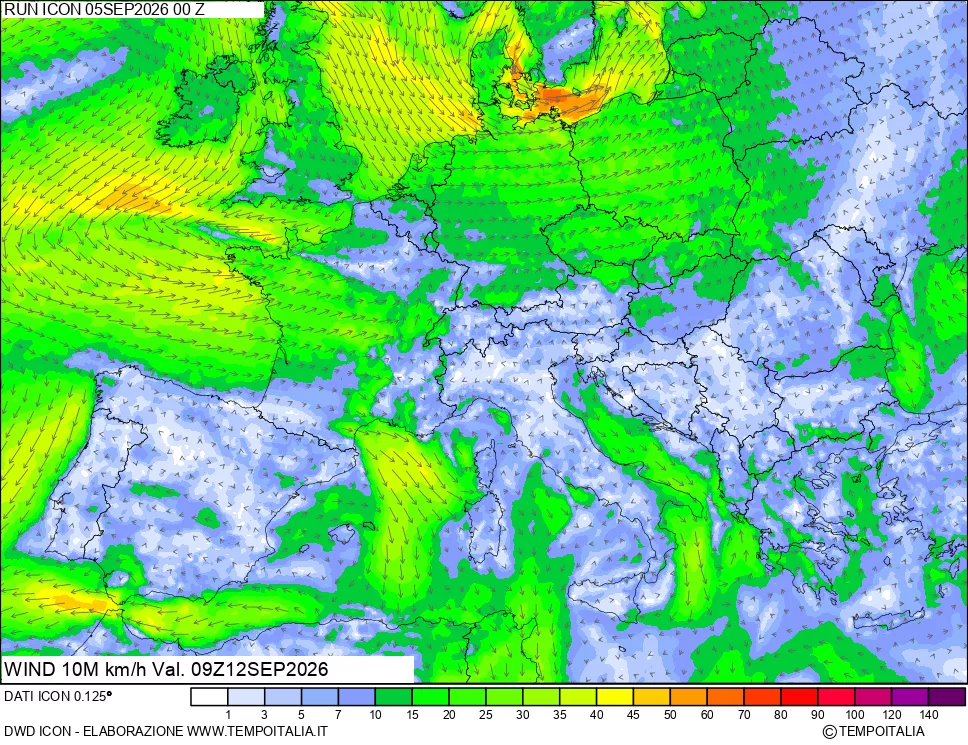 mappa 10 m Vento forza e direzione