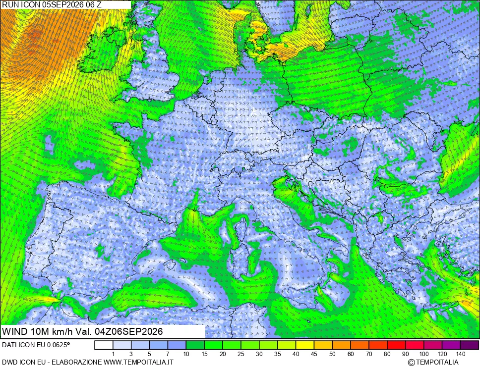 mappa 10 m Vento forza e direzione