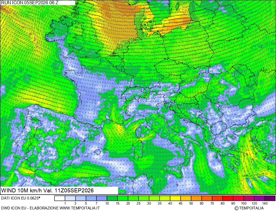 mappa 10 m Vento forza e direzione