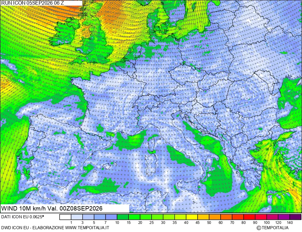 mappa 10 m Vento forza e direzione
